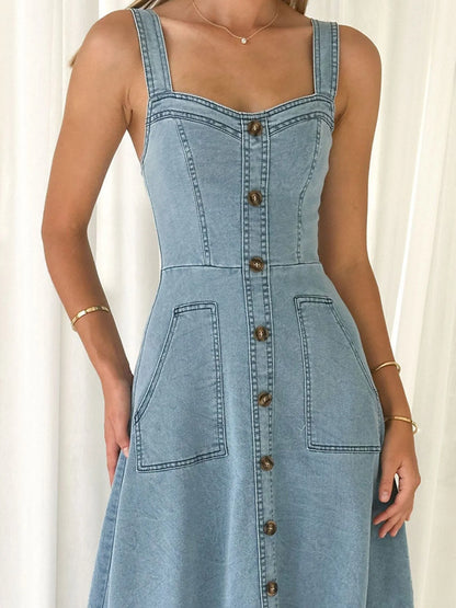 Wide Strap Sweetheart Neck Denim Dress Easy Apparels