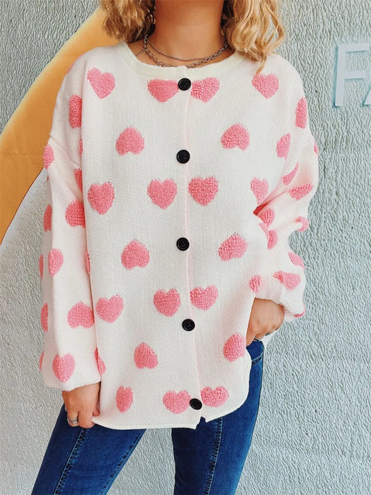 Heart Button Up Long Sleeve Cardigan White One Size Easy Apparels