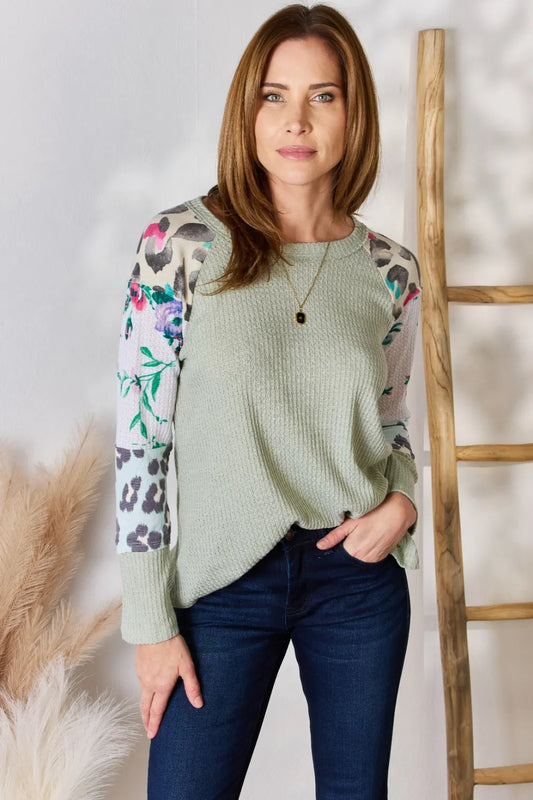 Trendsi Hailey & Co Full Size Printed Round Neck Blouse SAGE
