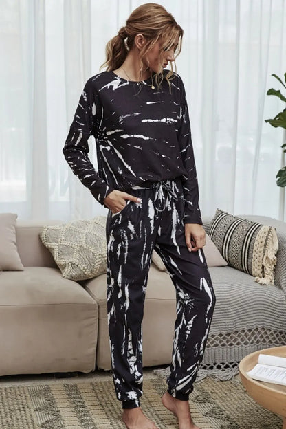 Shiny Tie-Dye Round Neck Top and Drawstring Waist Joggers Lounge Set Black Easy Apparels