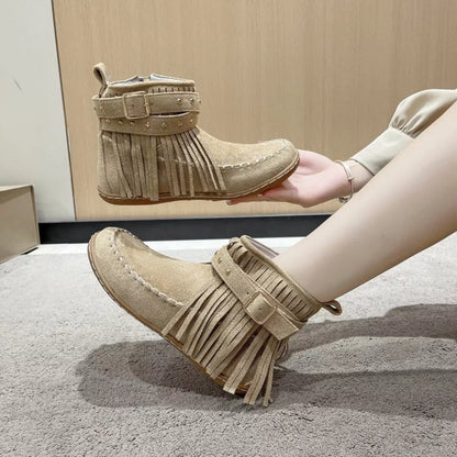 Fringe Round Toe Boots Khaki Easy Apparels