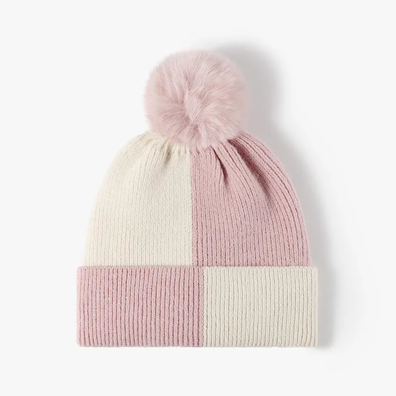 Color Block Knit Hat with Pom-pom Blush Pink One Size Easy Apparels