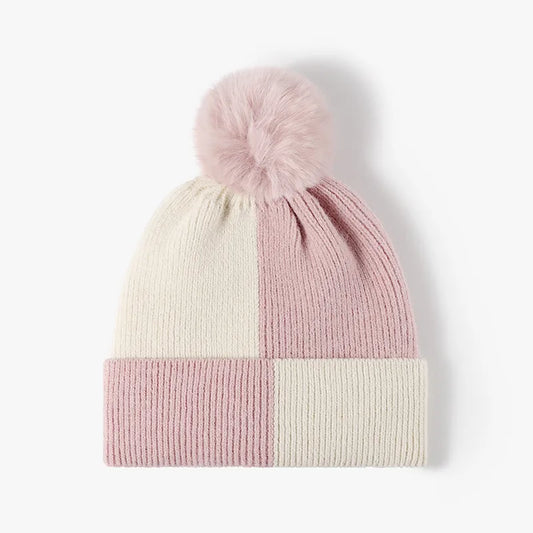 Color Block Knit Hat with Pom-pom Blush Pink One Size Easy Apparels