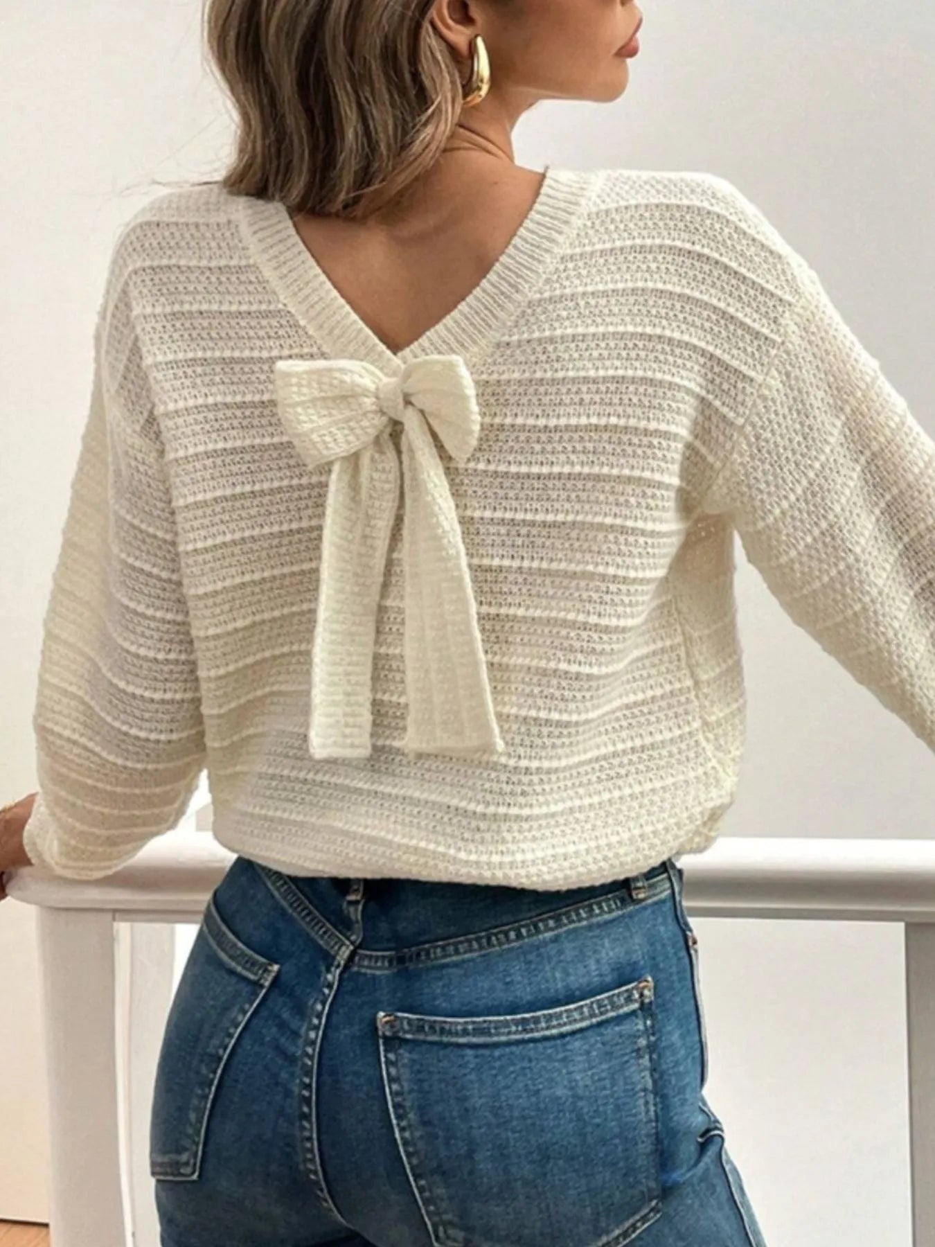 Trendsi Round Neck Bow-Back Knit Top Beige