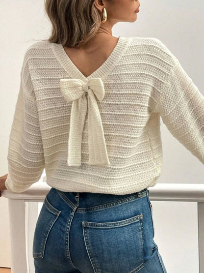 Trendsi Round Neck Bow-Back Knit Top Beige