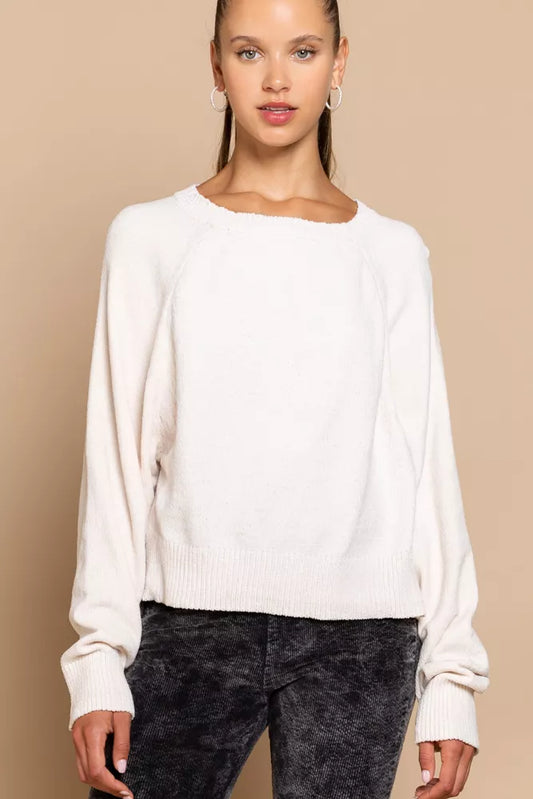 POL Round Neck Backless Sweater with Ribbed Edge Cream Easy Apparels