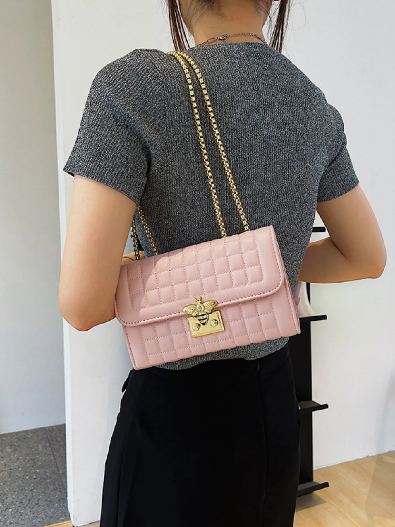 Quilted Chain Shoulder Bag Pink One Size Easy Apparels