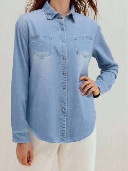 Full Size Button-Up Long Sleeve Denim Shirt Plus Size Easy Apparels