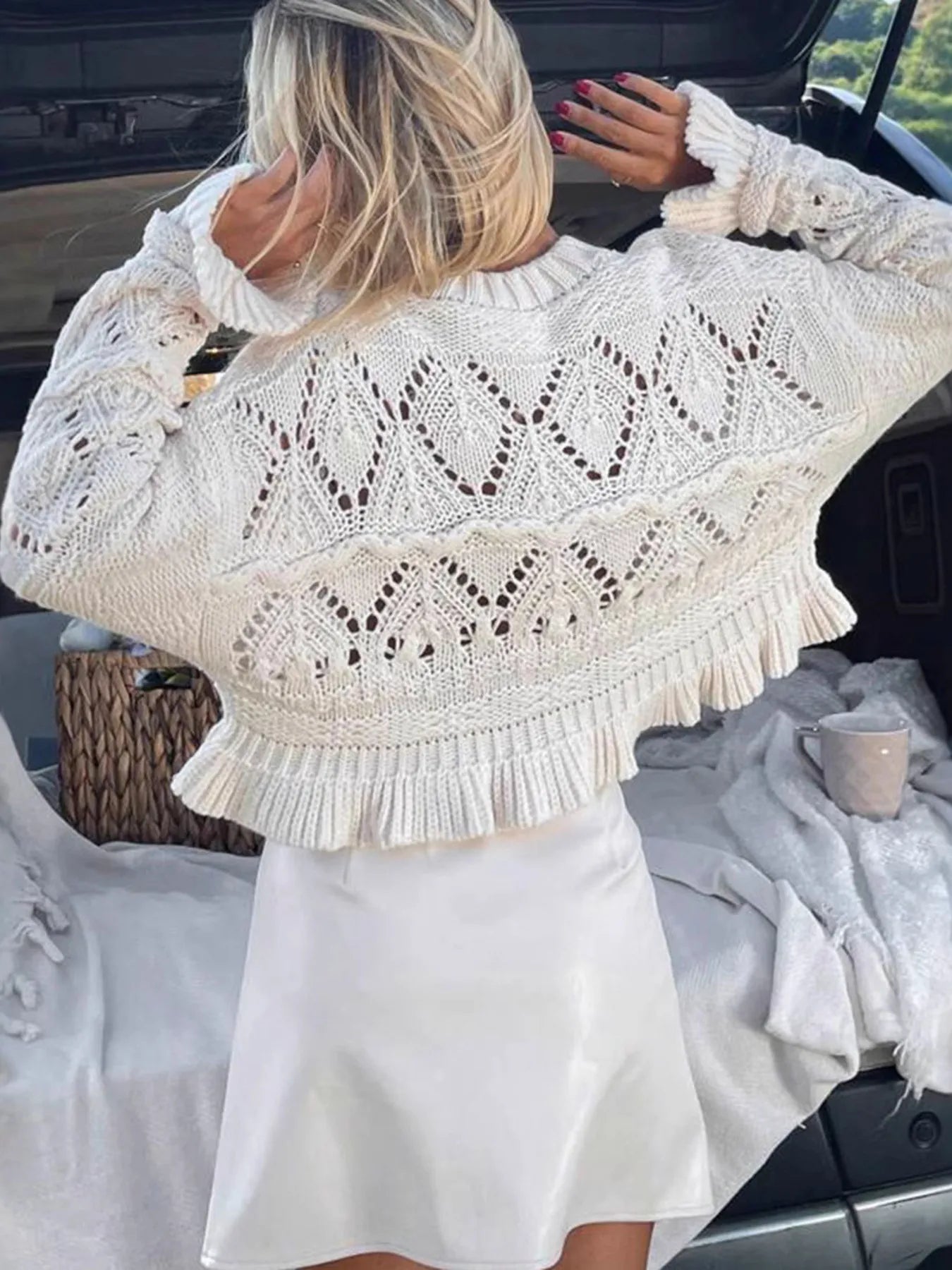 Trendsi Crochet Ruffled Hem Long Sleeve Sweater