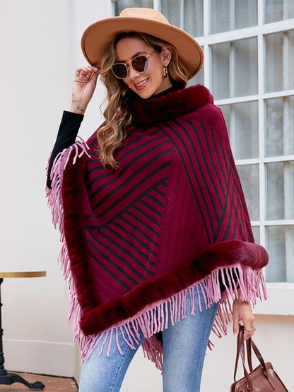 Striped Fringe Hem Poncho Easy Apparels