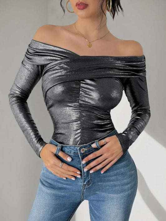Trendsi Perfee Ruched Off-Shoulder Long Sleeve Bodysuit Black