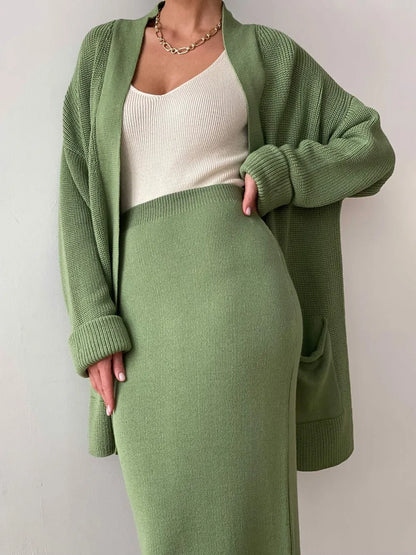 Pocketed Long Sleeve Cardigan and Skirt Sweater Set Gum Leaf One Size Easy Apparels
