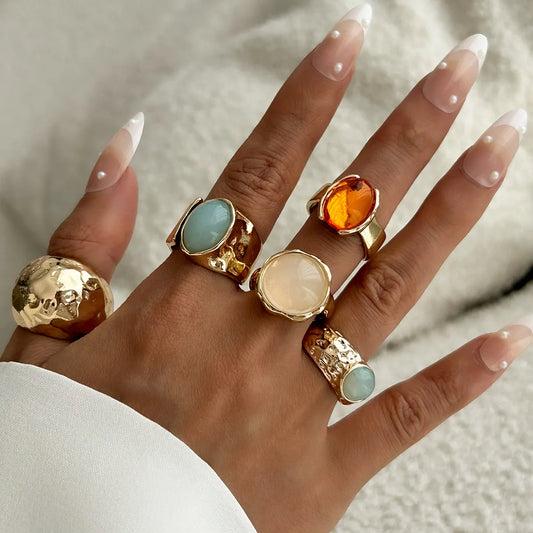 5-Piece 18K Gold-Plated Acrylic Stainless Steel Ring Gold One Size Easy Apparels
