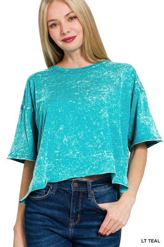 Trendsi Zenana Acid Crinkle-Washed Oversized T-Shirt LT TEAL