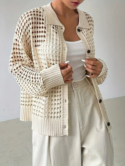 Hollow Out Knit Button Front Cardigan Cream Easy Apparels