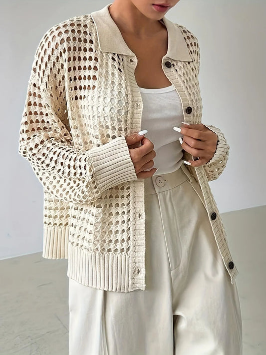 Hollow Out Knit Button Front Cardigan Cream Easy Apparels