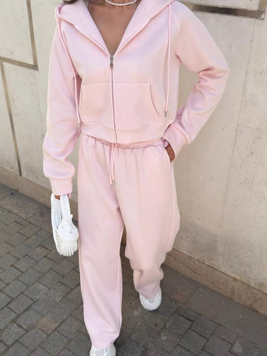 Zip Up Drawstring Hoodie and Pants Set Blush Pink Easy Apparels