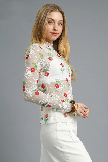 Trendsi Umgee Floral Mock Neck Long Sleeve Sheer Top