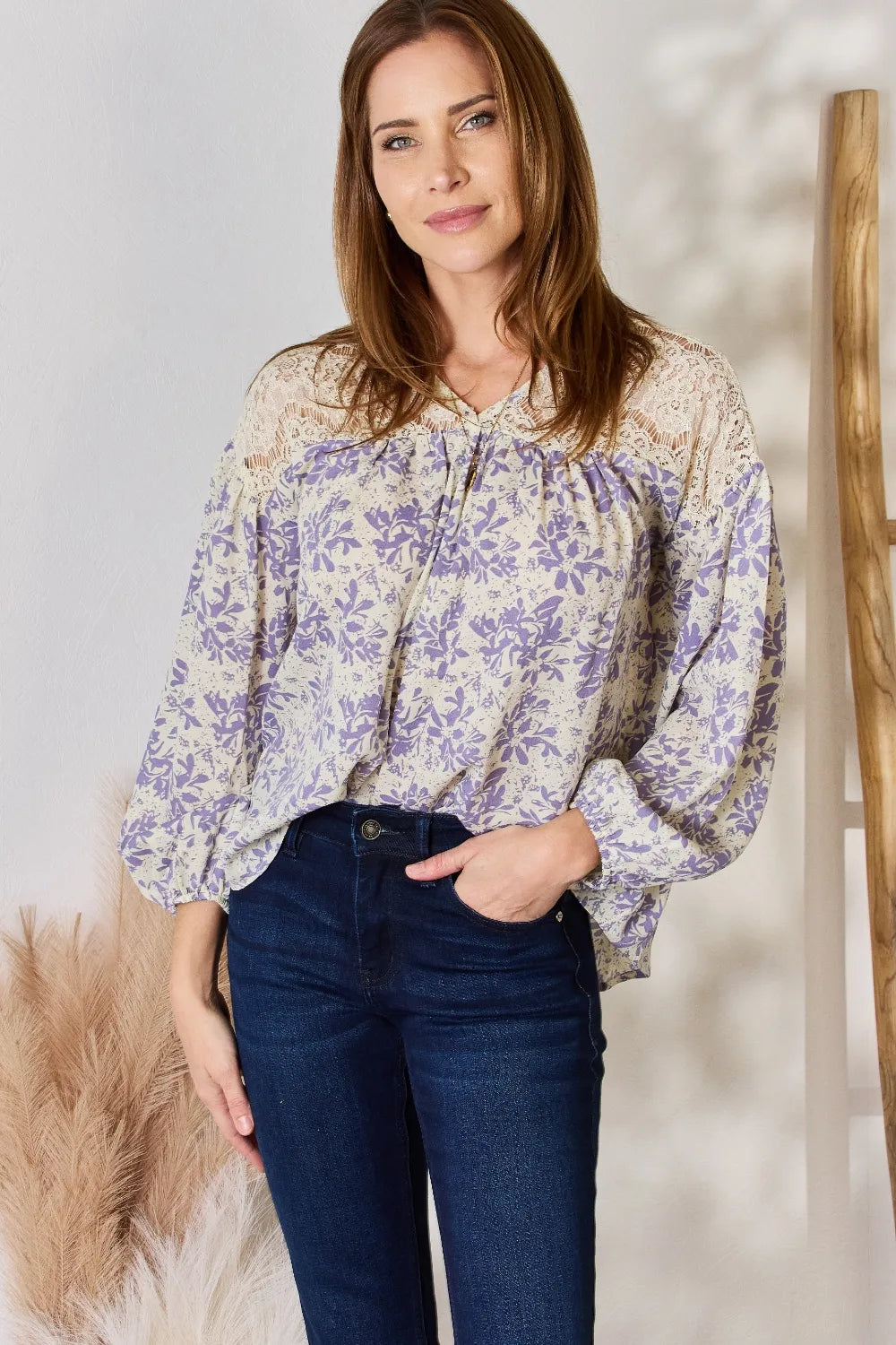 Trendsi Hailey & Co Full Size Lace Detail Printed Blouse LILAC