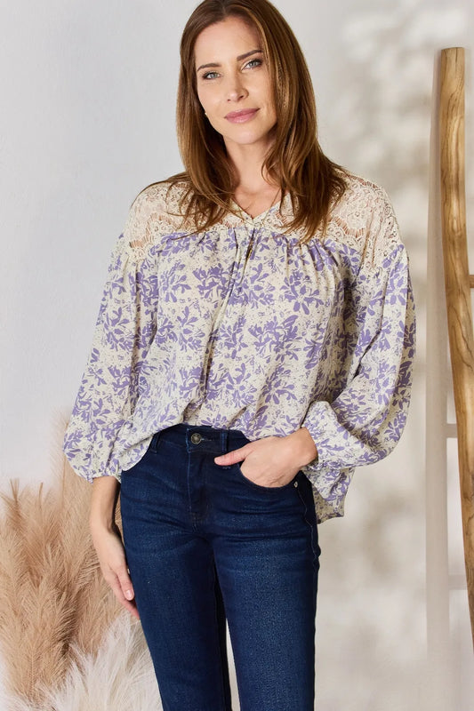 Trendsi Hailey & Co Full Size Lace Detail Printed Blouse LILAC