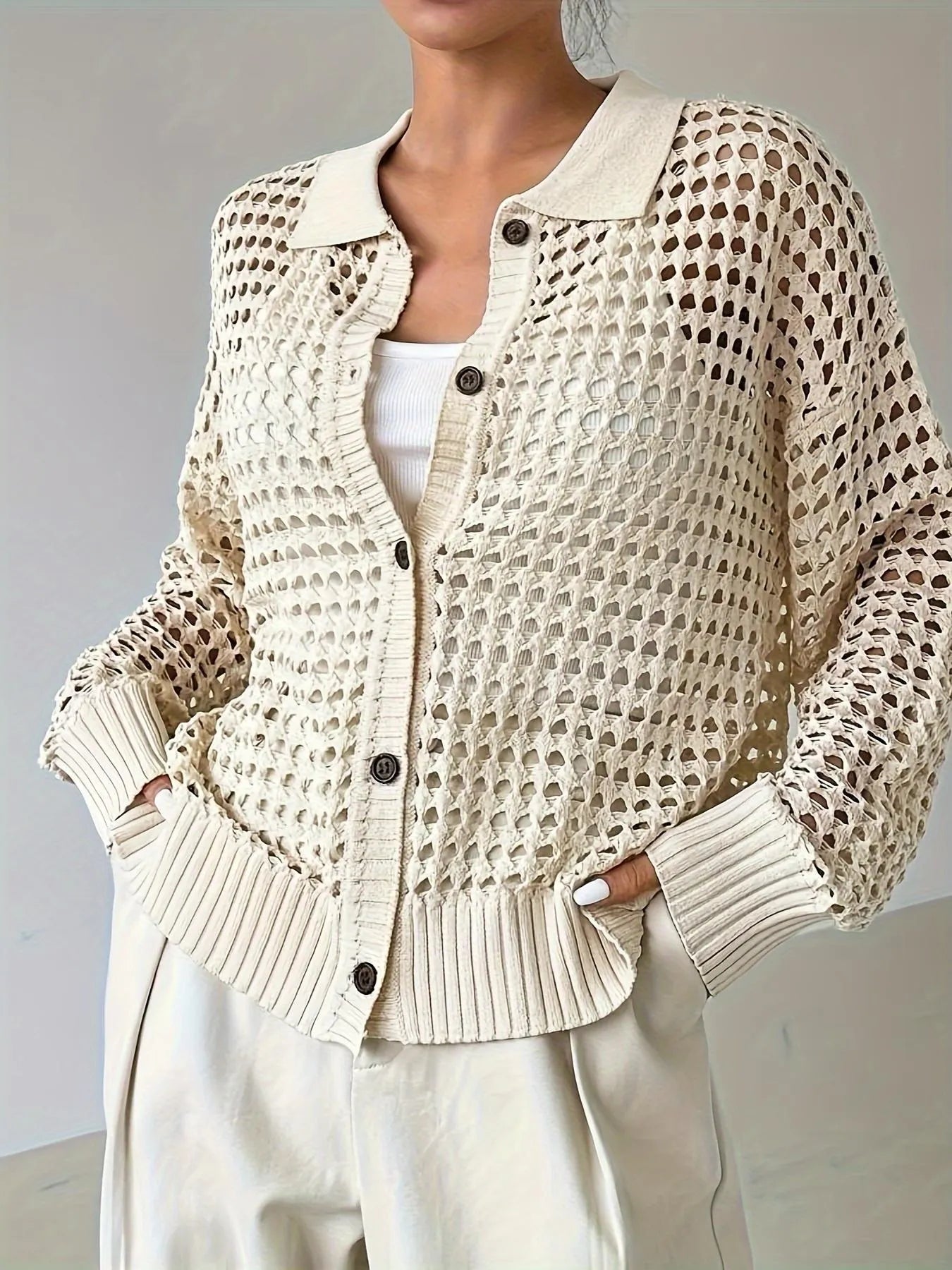 Hollow Out Knit Button Front Cardigan Easy Apparels