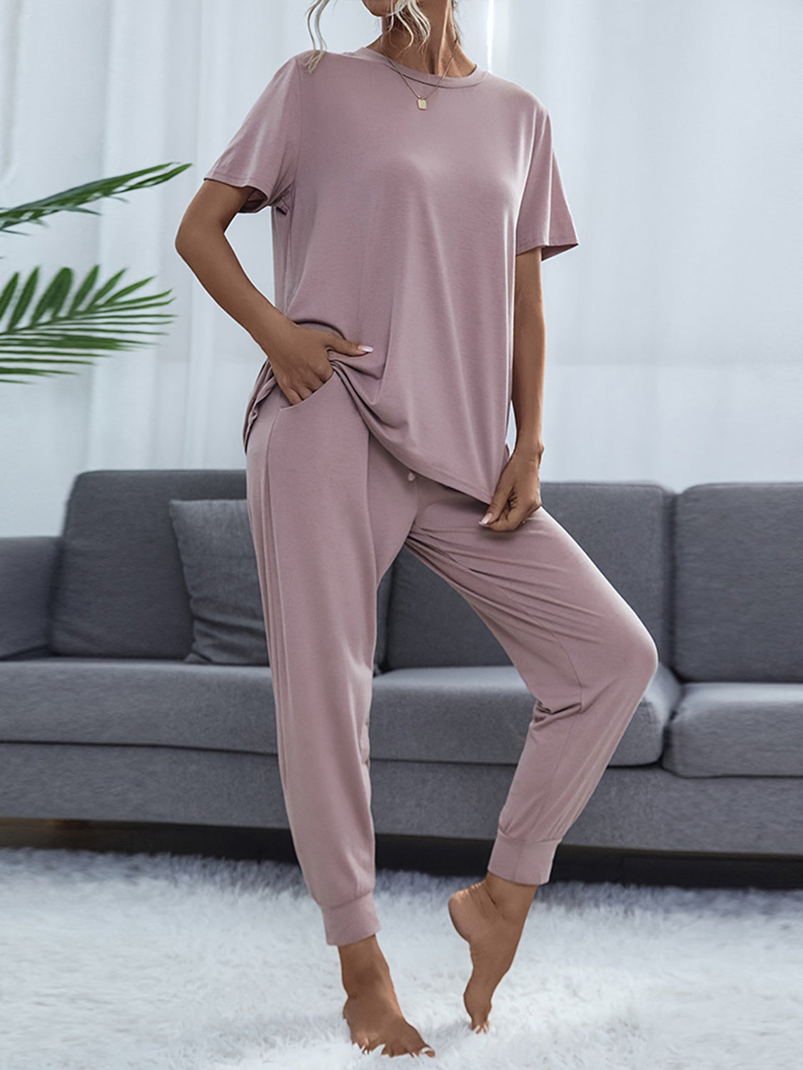 Shiny Round Neck Short Sleeve Top and Pants Set Lilac Easy Apparels