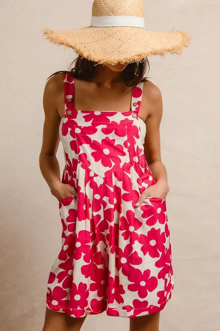 BiBi Floral Prints Tuck Detail Short Overall With Pockets Easy Apparels