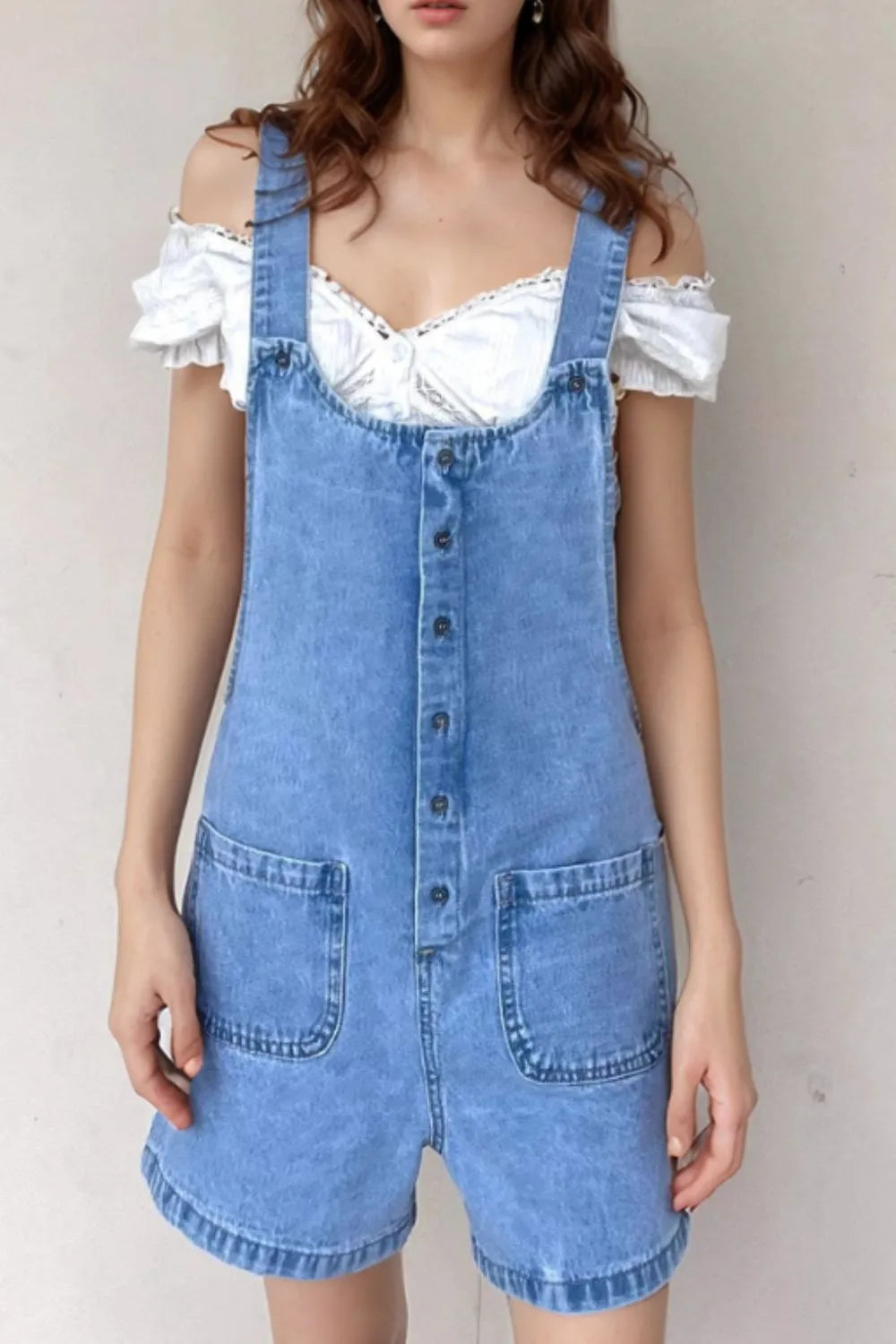 Button Front Denim Overall Shorts with Front Pockets Easy Apparels