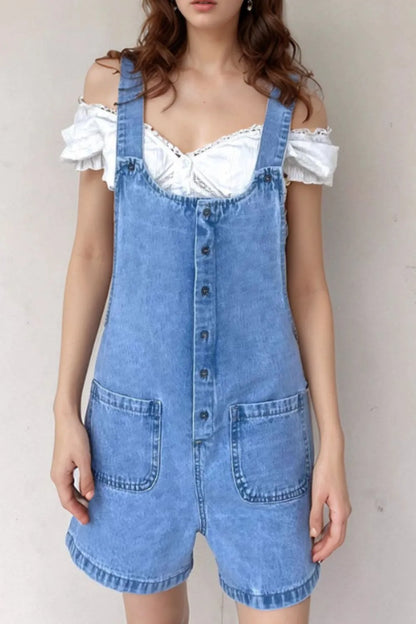 Button Front Denim Overall Shorts with Front Pockets Easy Apparels