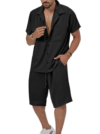 Men's Plus Size Button Up Short Sleeve Shirt and Shorts Set Black Easy Apparels