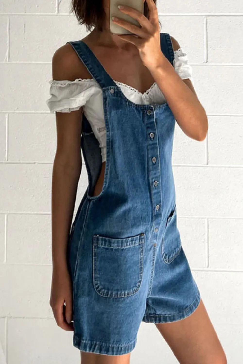 Button Front Denim Overall Shorts with Front Pockets Navy Easy Apparels