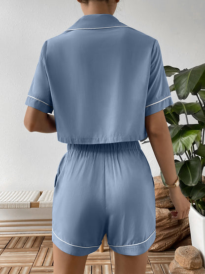 Ivy Lane Contrast Lapel Collar Cropped Shirt and Shorts Lounge Set Easy Apparels