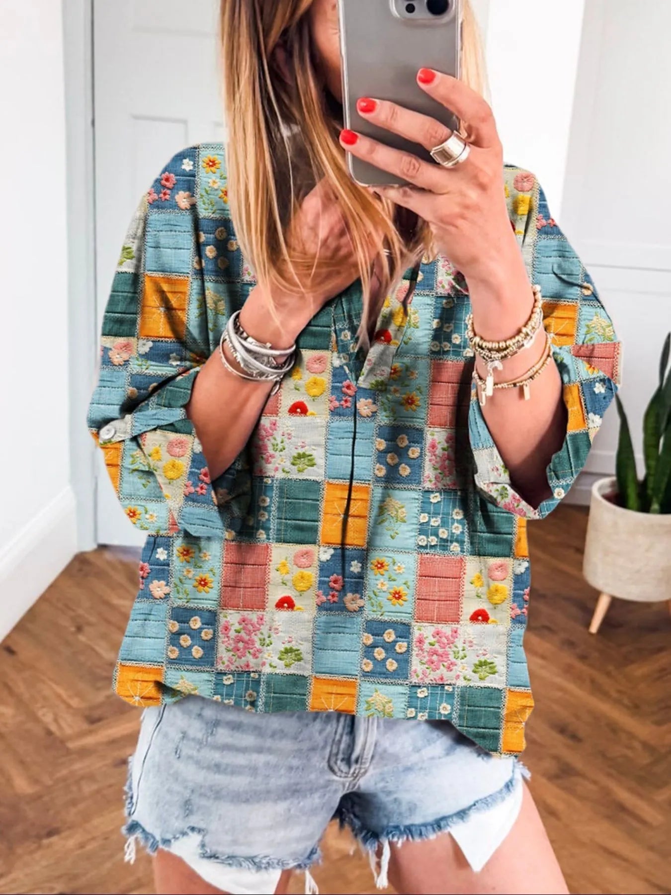 Trendsi Patchwork Print Notched Long Sleeve Blouse Floral