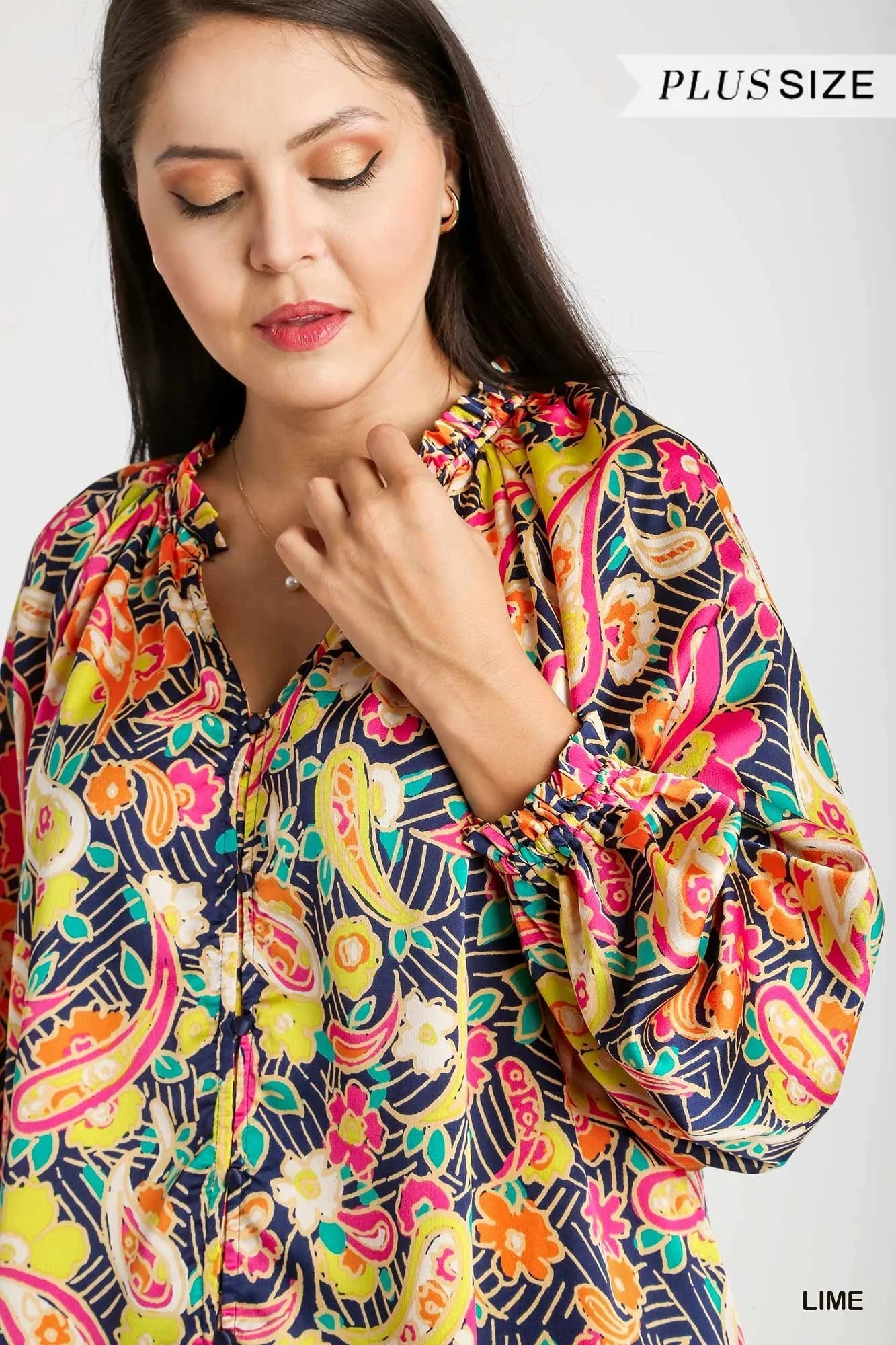 Trendsi Umgee Full Size Satin Paisley Ruffle Neck Button-Up Shirt Plus Size