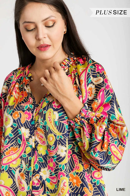 Trendsi Umgee Full Size Satin Paisley Ruffle Neck Button-Up Shirt Plus Size