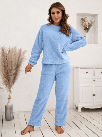 Ivy Lane Teddy Long Sleeve Top and Pants Lounge Set Light Blue Easy Apparels