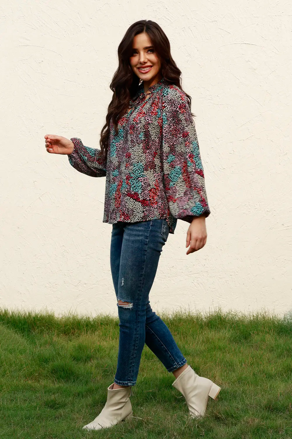 Trendsi Tie Neck Heathered Balloon Sleeve Blouse