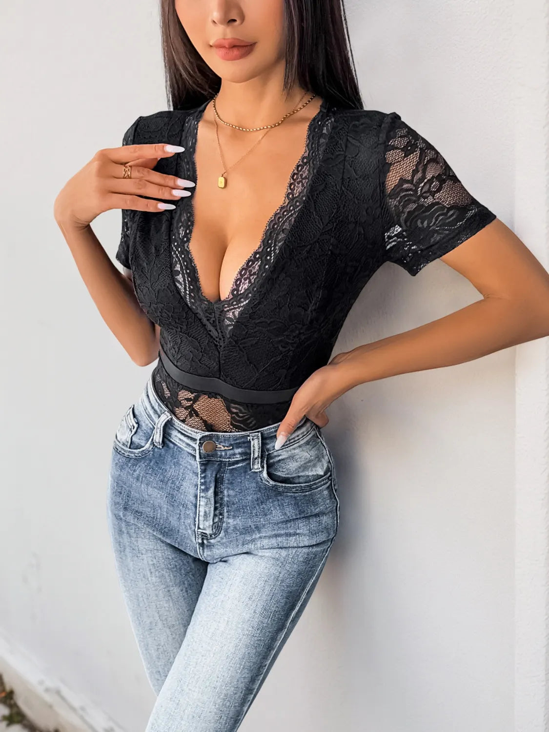 Trendsi Lace Plunge Short Sleeve Bodysuit