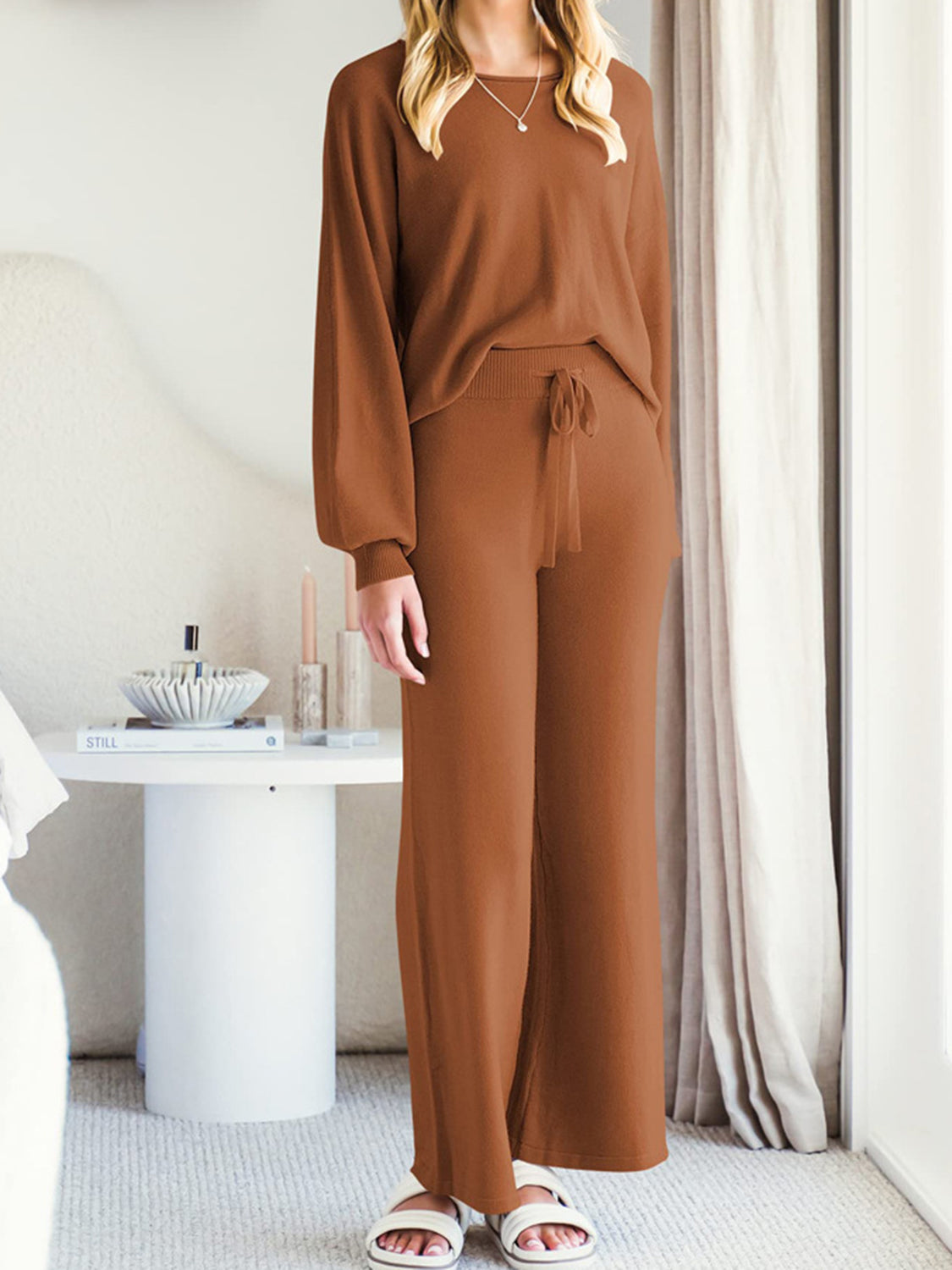 Long Sleeve Lounge Top and Drawstring Pants Set Easy Apparels