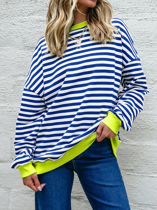 Trendsi Striped Contrast Ribbed Trim Drop Shoulder Sweatshirt Dusty Blue
