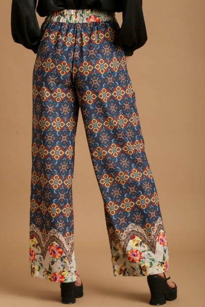 Umgee Full Size Mixed Print Elastic Waistband Pants Plus Size Easy Apparels