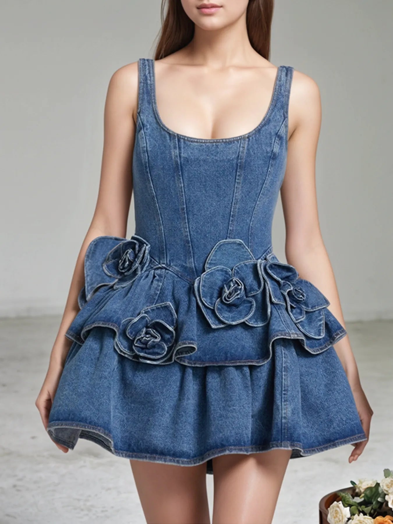 Ruffled Layered Scoop Neck Denim Dress Easy Apparels