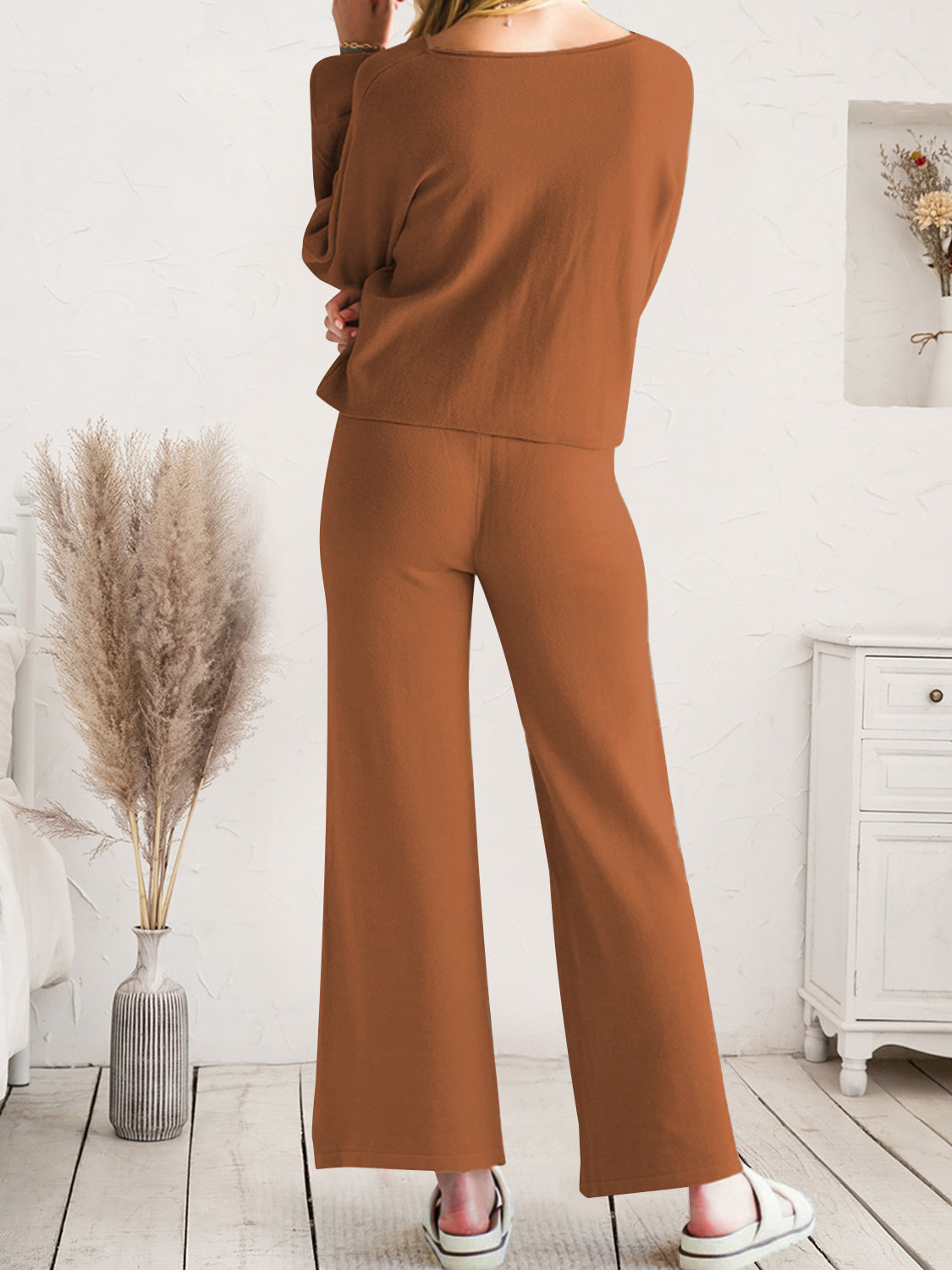 Long Sleeve Lounge Top and Drawstring Pants Set Easy Apparels