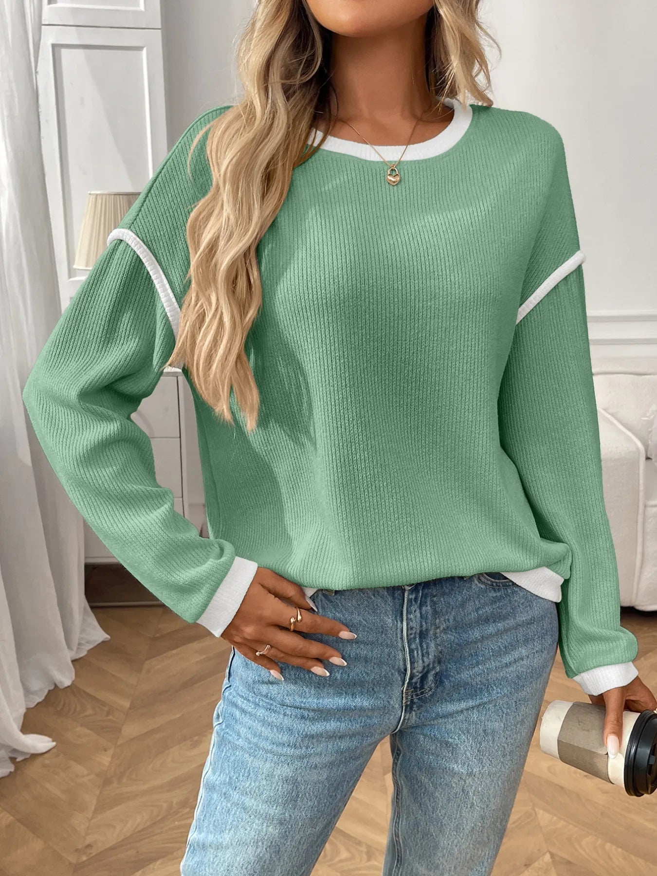 Trendsi Ribbed Contrast Trim Long Sleeve Top