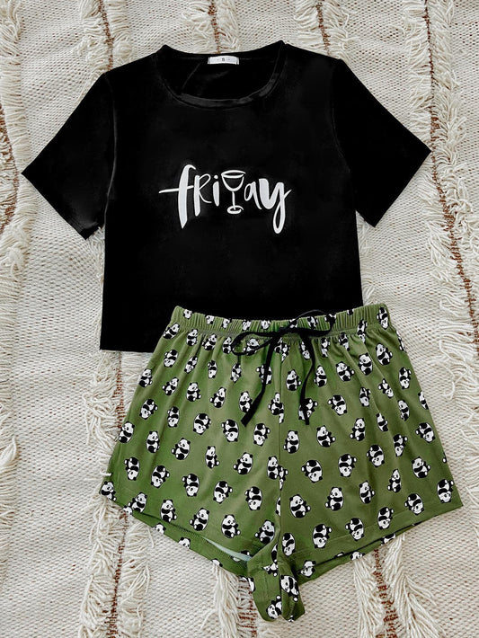 Graphic Tee and Panda Print Shorts Lounge Set Green Easy Apparels