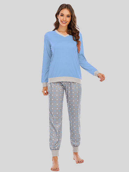 Long Sleeve Top and Polka Dot Pants Set Pastel Blue Easy Apparels