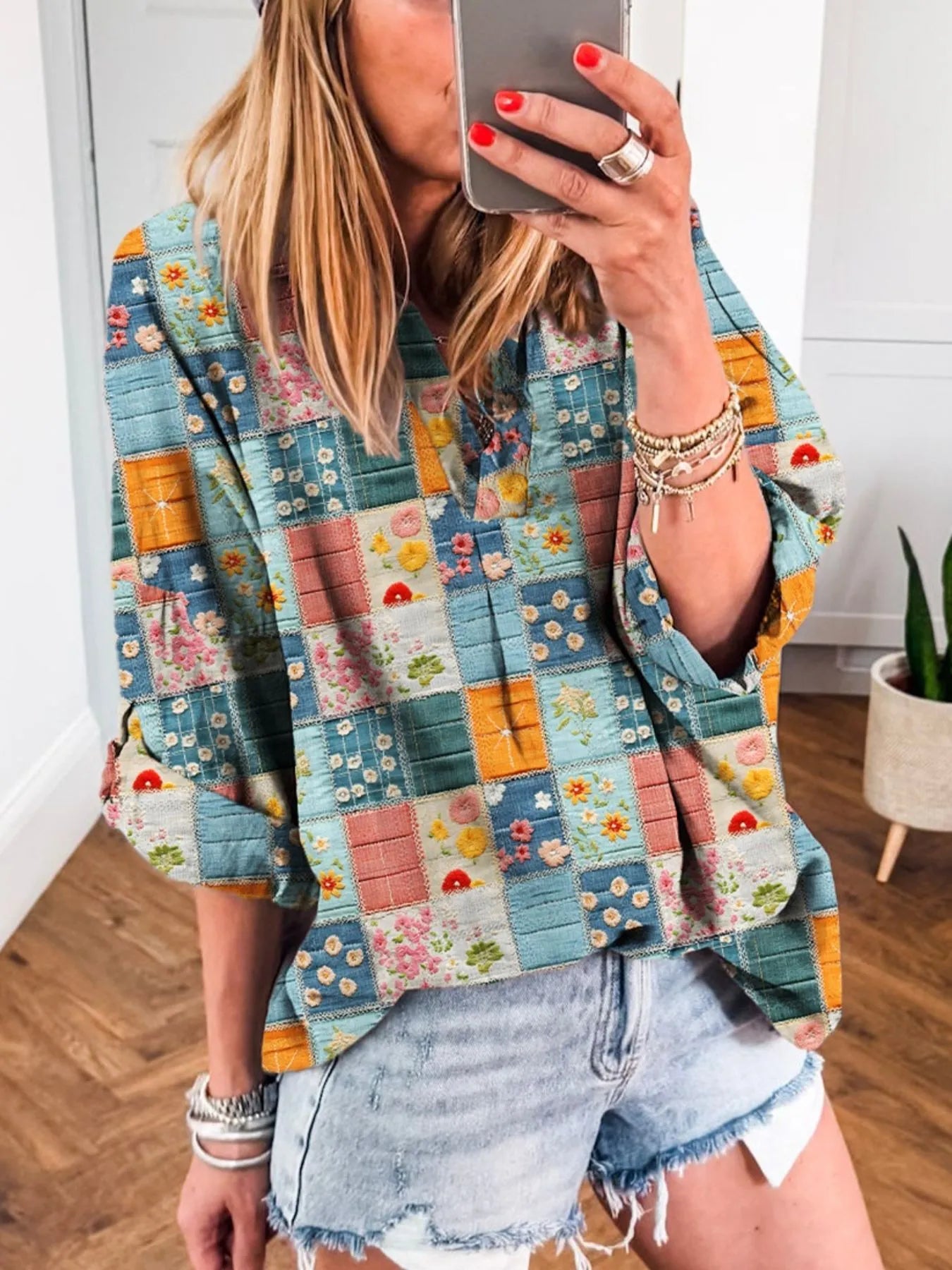 Trendsi Patchwork Print Notched Long Sleeve Blouse