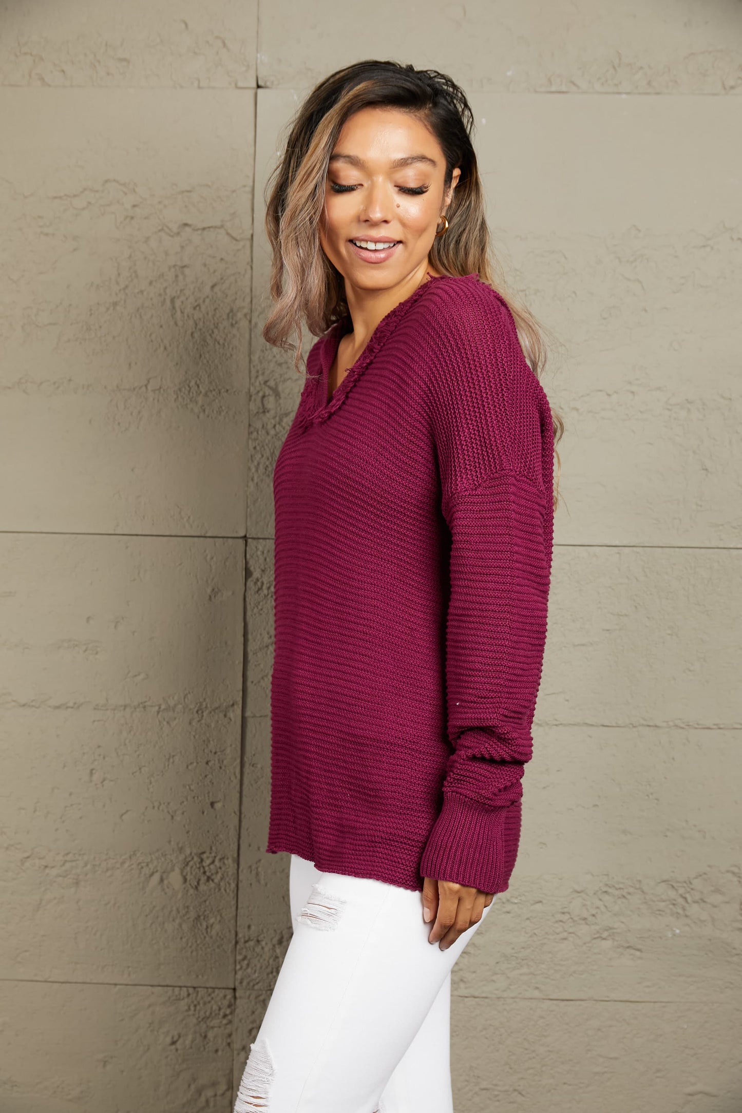 Woven Right Horizontal Ribbing Fringe Trim Hooded Sweater Easy Apparels