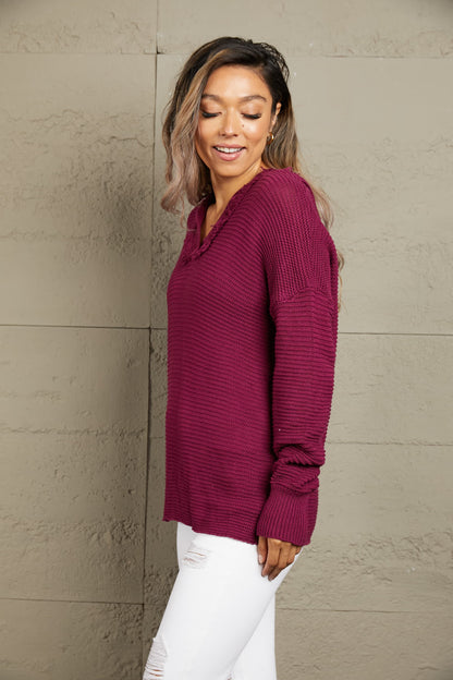 Woven Right Horizontal Ribbing Fringe Trim Hooded Sweater Easy Apparels
