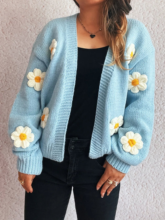 Flower Open Front Long Sleeve Cardigan Blue One Size Easy Apparels